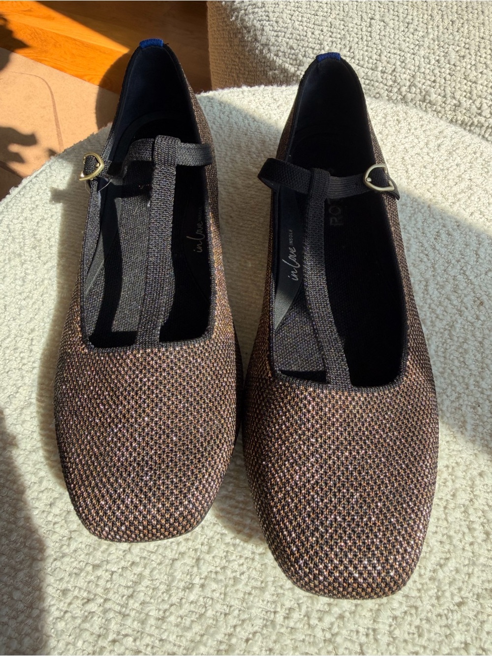 Rothy's Brown Tweed Mary Jane Flats with T-Strap worn ONCE